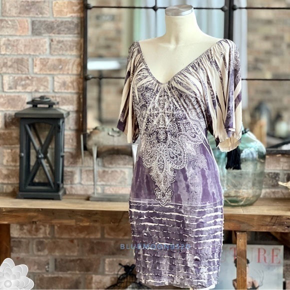 Dresses & Skirts - Vintage Party Dress Stretch Embellished Batwing Sleeves L